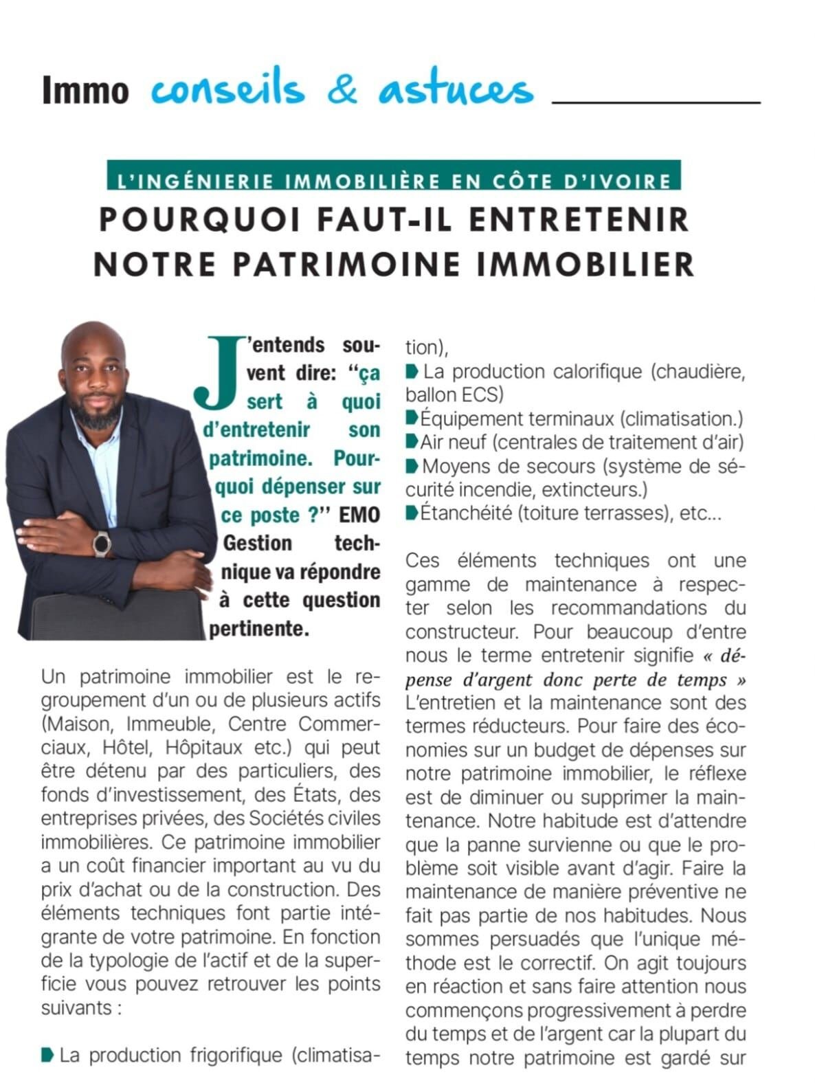 Immobilier Magazine, L'ingénierie immobilière en Côte d'Ivoire : Pourquoi faut-il entretenir notre patrimoine immobilier, par Maxime Assamoi (page 1).