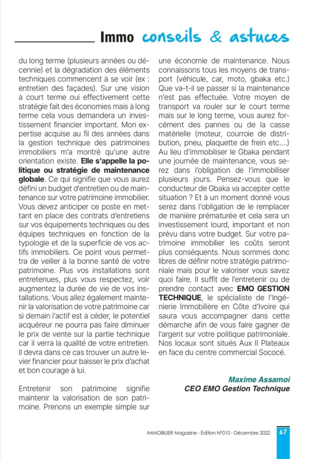 Immobilier Magazine page 67 : suite de l'article, la stratégie de maintenance globale et l'exemple du gbaka.