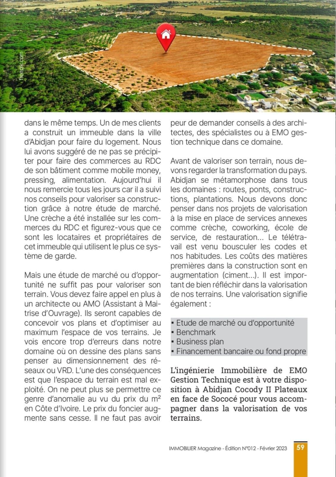 Immobilier Magazine page 59 : suite de l'article, étude de marché, benchmark, business plan, financement.