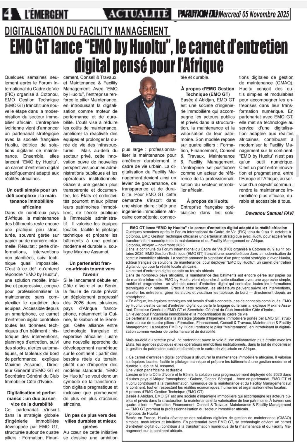Page 4 de L'Émergent : EMO GT lance EMO by Huoltu, le carnet d'entretien digital pensé pour l'Afrique. Article de Dewanou Samuel Favi.