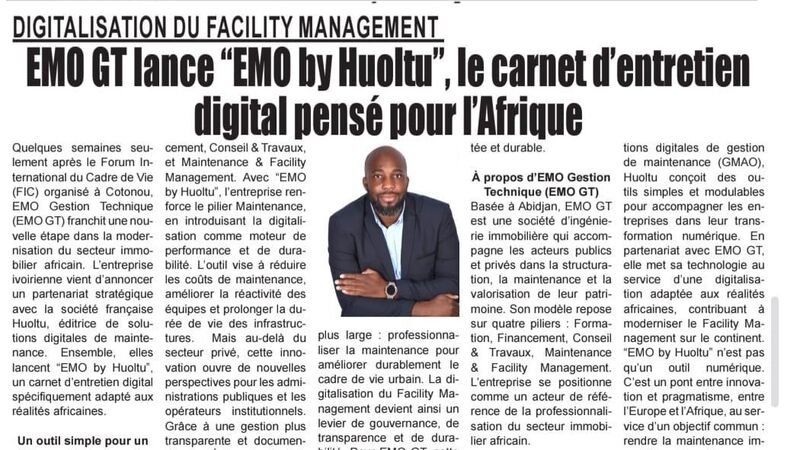 L'Émergent du 5 novembre 2025, page 4 : « EMO GT lance EMO by Huoltu », avec la photo de Maxime Assamoi